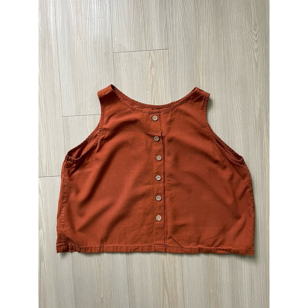 Women's Rust Orange Linen Blend Woven Scoop Neck Button Front Tank Top Sz L